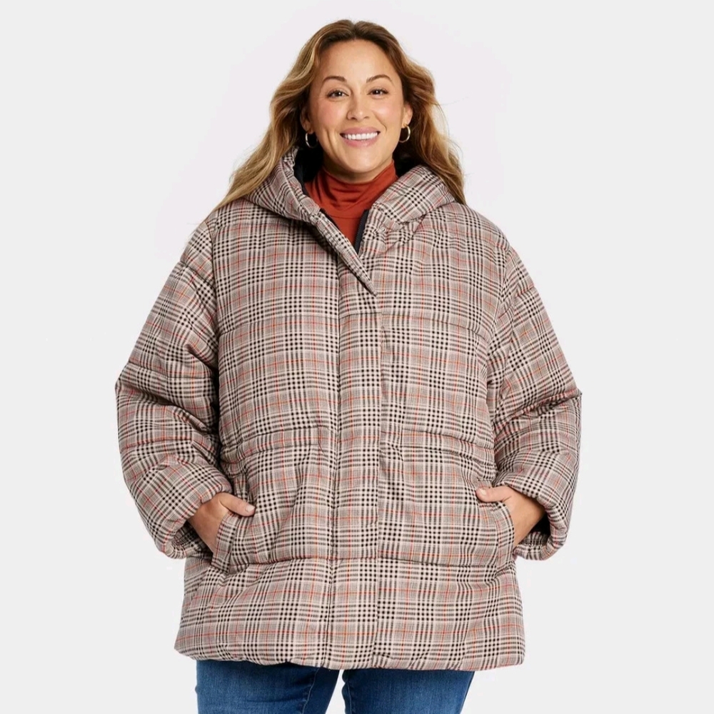 NWT Plaid Mid-length Puffer Jacket Size 1X